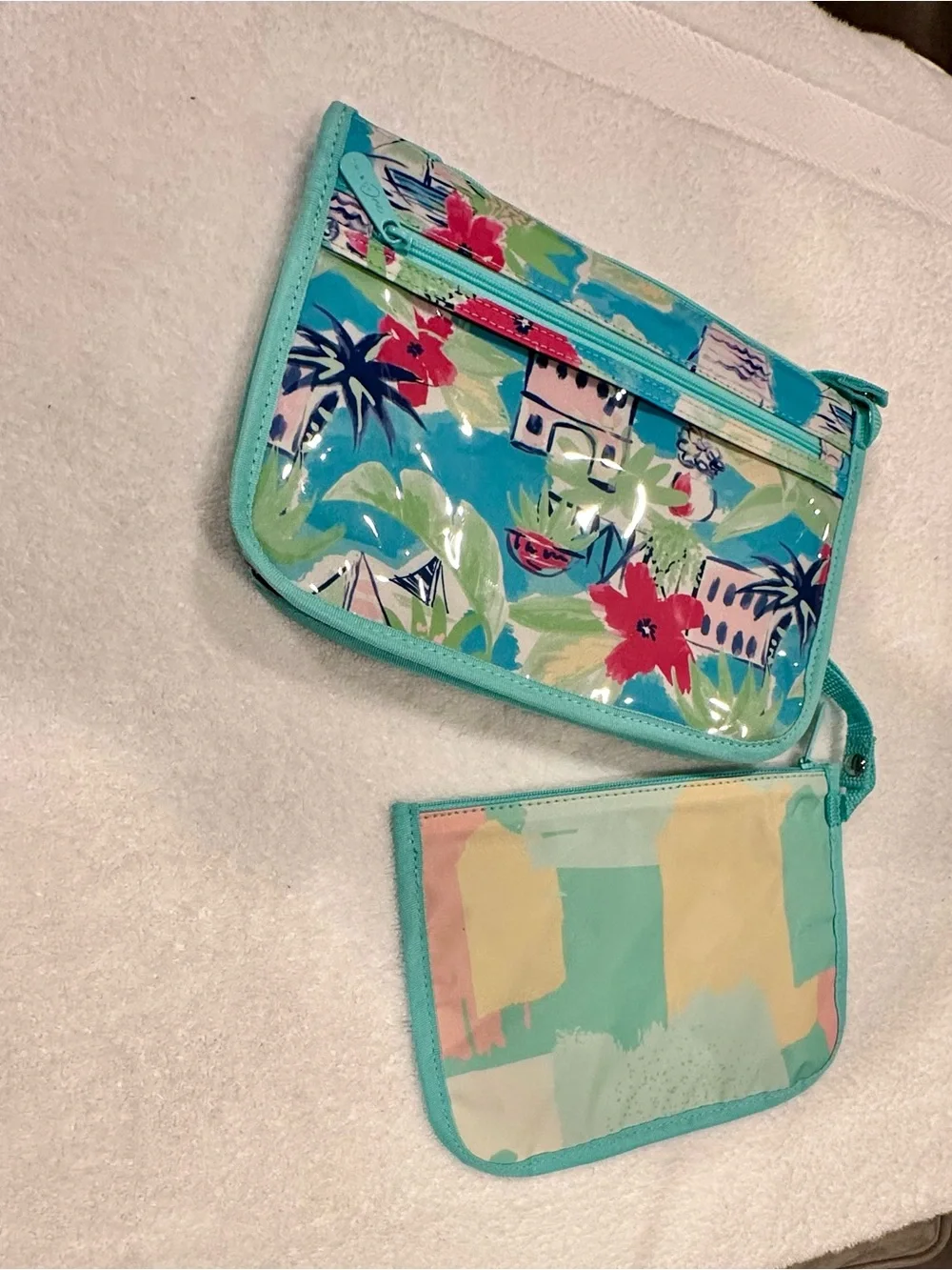 thirty-one Tropical Floral Cosmetic Set of Three Pouches- Blue, Pink & Green
